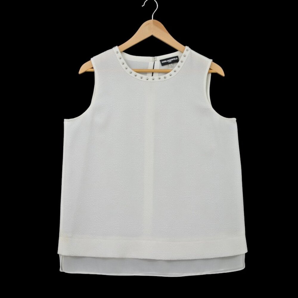 Karl Lagerfeld Paris Ivory Studded Neckline Textured Layered Tank Top Medium